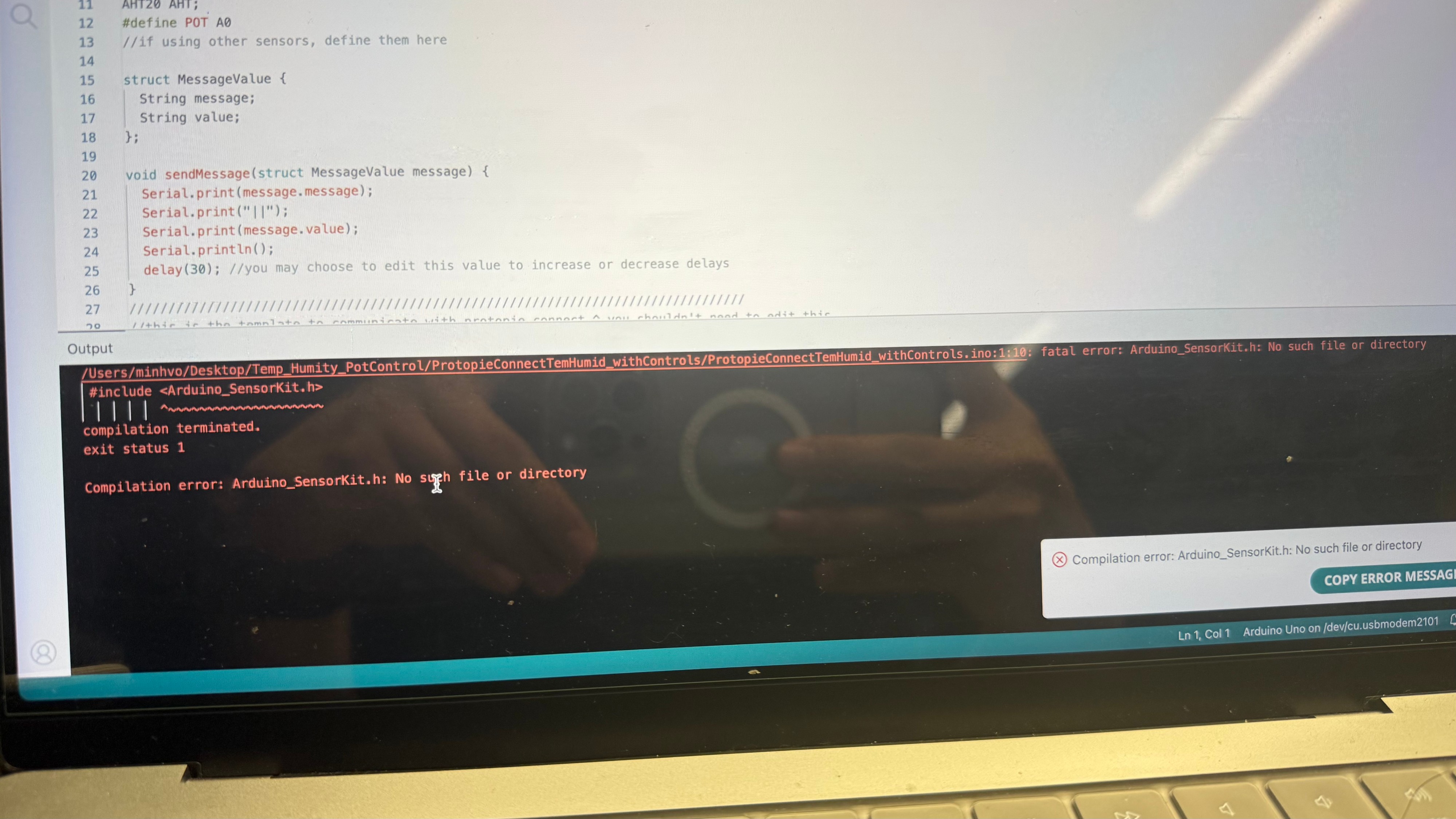 Next, we connected the sensor kit to the code on the IDE. Steve was showing us the types of errors we might encounter and how to correct them.