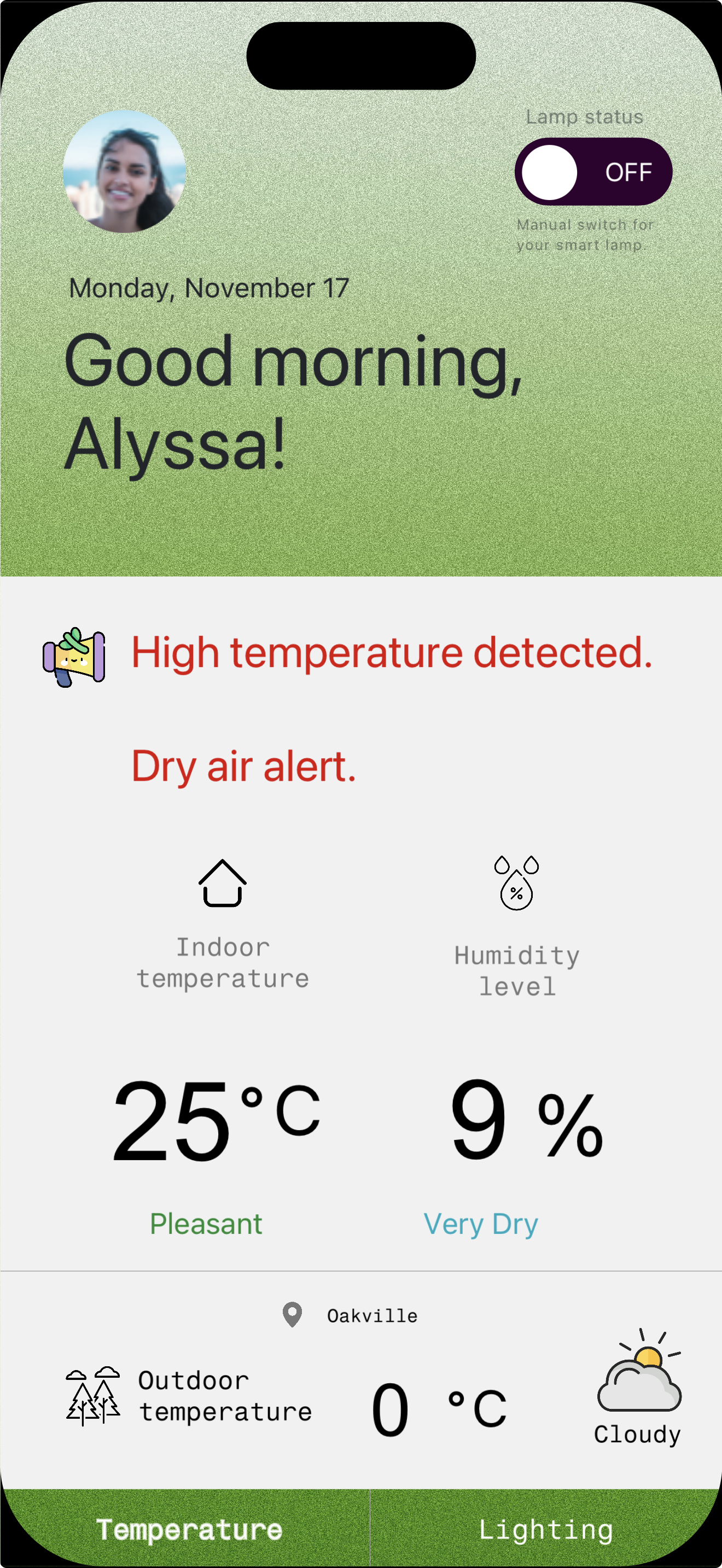 When I connected Yiyang’s Arduino sensor to ProtoPie for live testing, the interface immediately received real temperature and humidity values. The sensor detected a high temperature and very dry air at the same time, which caused both alerts to activate together. This moment revealed one of my key Activity 2 unknowns: how the UI handles multiple real-time conditions that overlap. Unlike the controlled testing in Activity 1, the live data shifted slightly with each reading, which made the alert system feel more dynamic but also more sensitive. This helped me evaluate whether the messaging hierarchy, timing, and visual feedback still work when the prototype interacts with real sensor behaviour rather than simulated values.