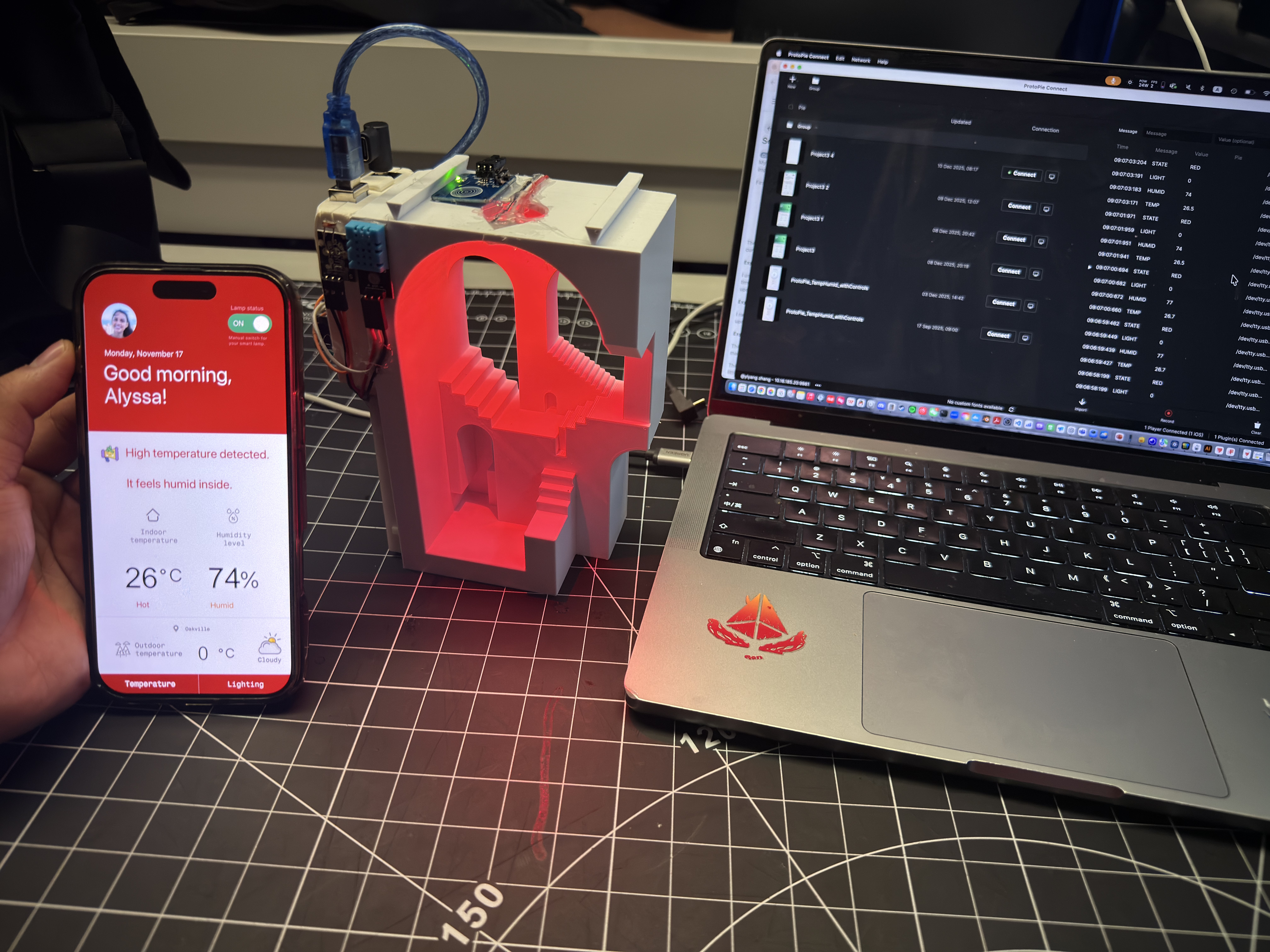 Live sensor data updated the phone UI and the lamp model at the same time, confirming that the Arduino, ProtoPie Connect, and interface were communicating correctly. This test helped me see how the whole system responds together and where small delays or inconsistencies might still occur.